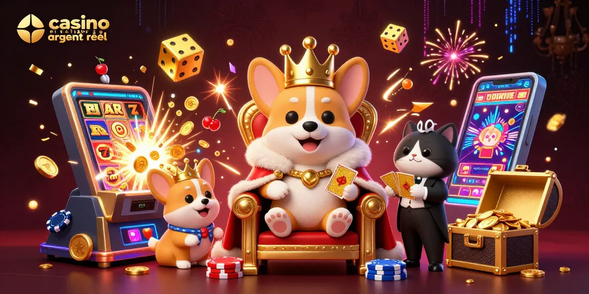Scène vibrante de casino en ligne argent réel avec un corgi royal et un coffre de trésor.