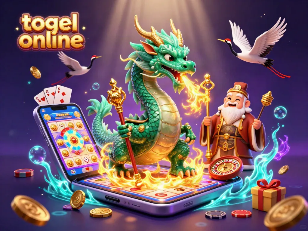Menangkan togel online dengan naga keberuntungan dan simbol kasino yang berkilau.