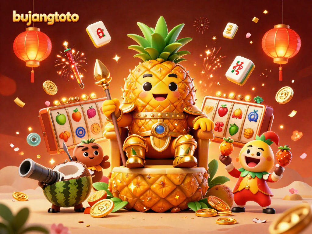 Engage with the exciting world of bujangtoto featuring a golden pineapple king surrounded by vibrant slot game elements.