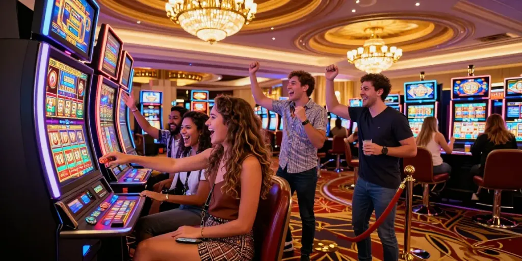 Group celebrating a win at a slot gacor machine in a lively casino.