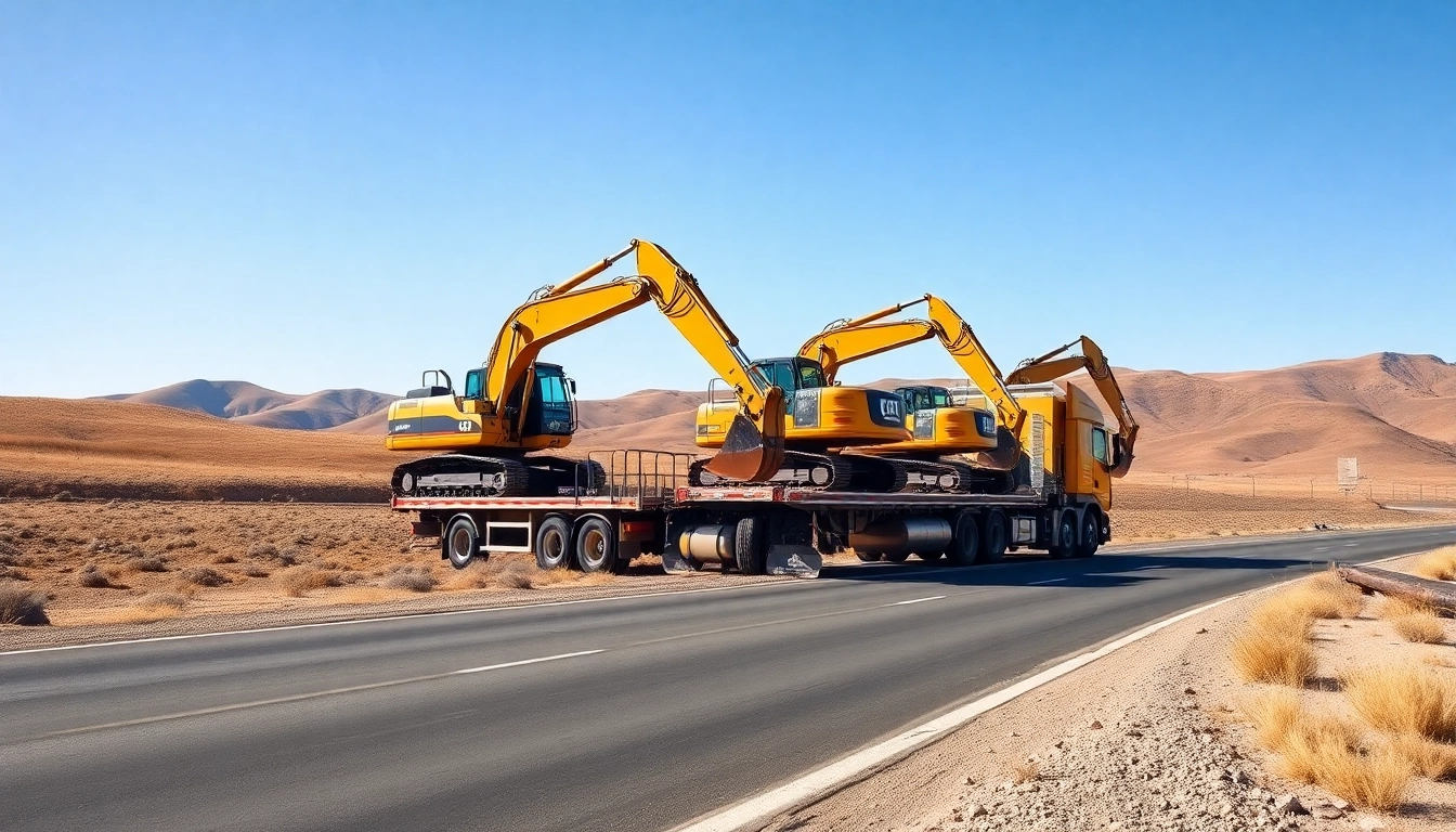 Efficient equipment transportation featuring a truck transporting heavy machinery on a scenic highway.