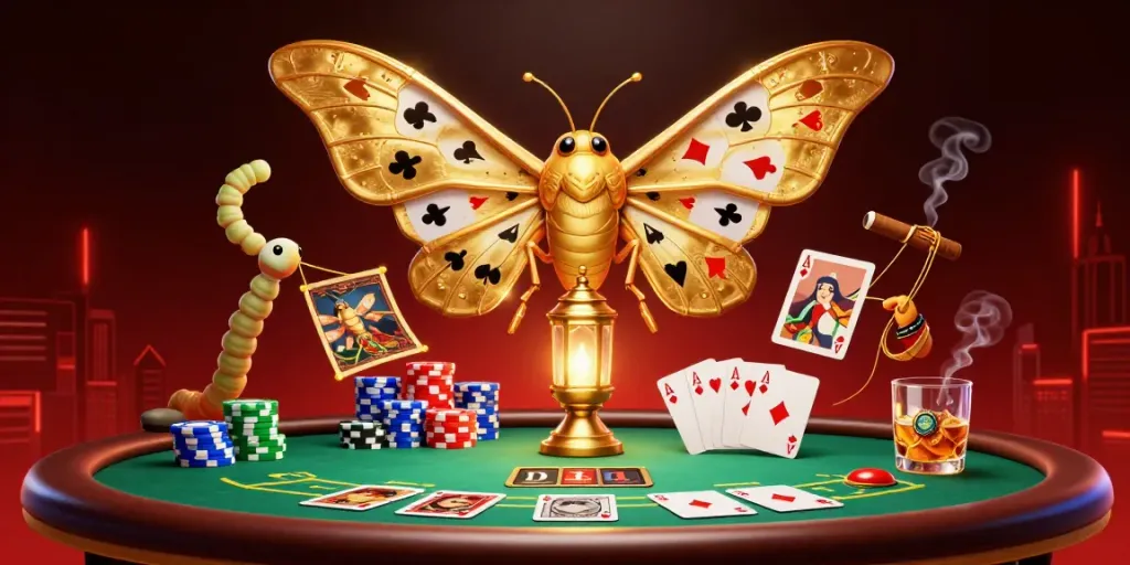 Experience Go 8's vibrant casino scene with an atlas moth and poker action elements.