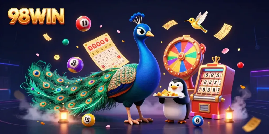 Engage with the vibrant world of 98WIN casino featuring colorful elements, a peacock, and golden tickets.