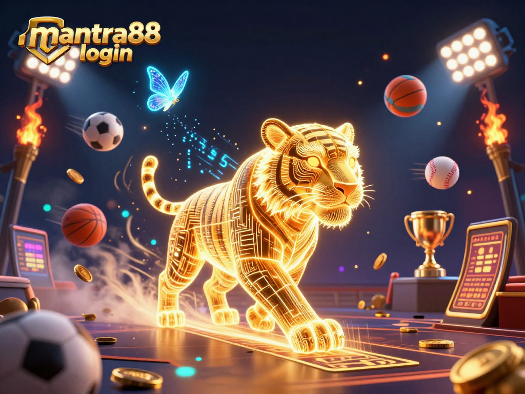 Experience the excitement of mantra88 login in a vibrant digital casino landscape filled with dynamic sports elements.