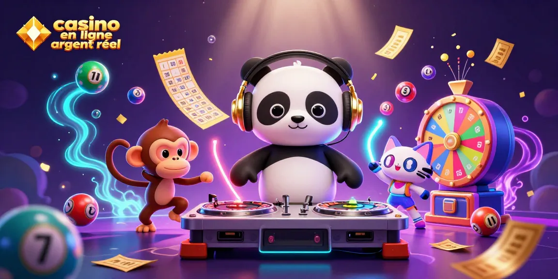 Le DJ panda anime au casino en ligne argent réel anime la fête avec des boules de loterie colorées.