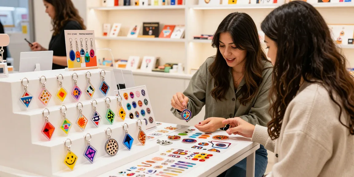 Custom Acrylic Diamond Keychain showcased on a stylish display with a customer engaging in an inviting retail atmosphere.