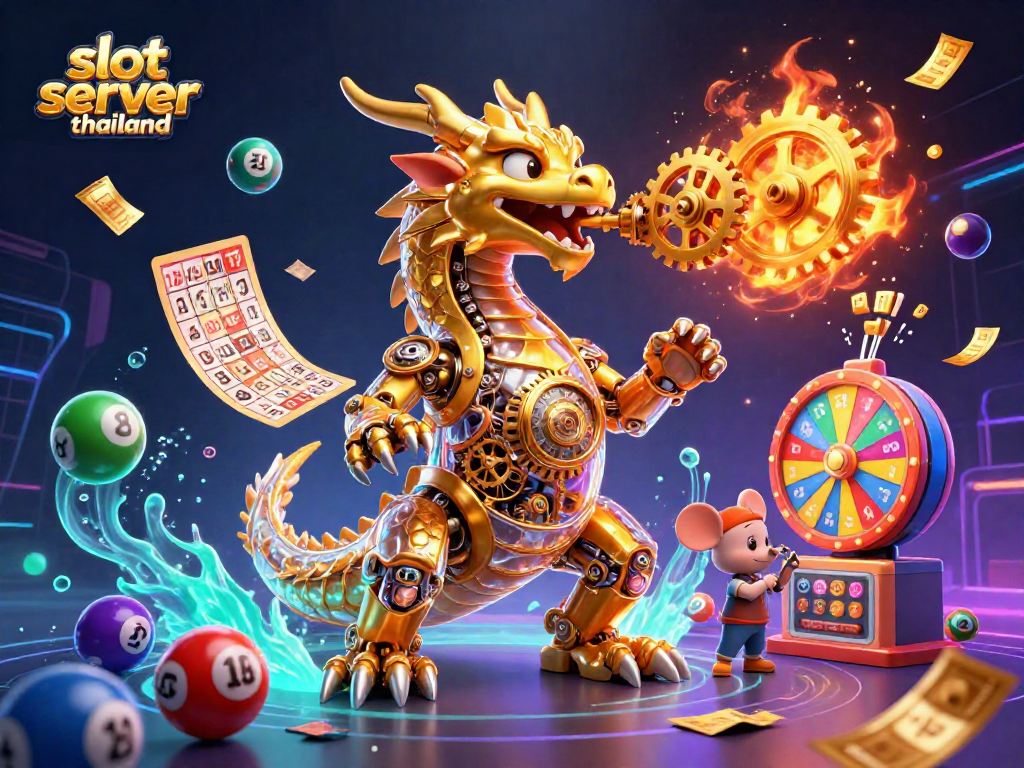 Experience thrilling action with slot server thailand in a vibrant 3D casino illustration filled with dynamic lottery elements.