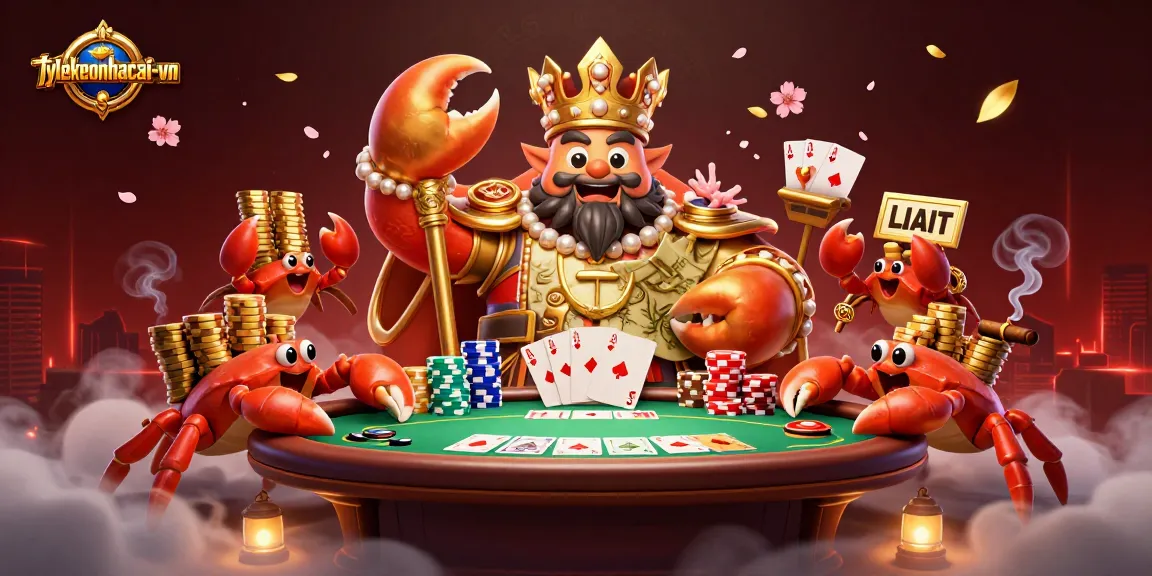 Experience exciting gameplay at tylekeonhacai-vn featuring a golden crab emperor amid poker game elements.