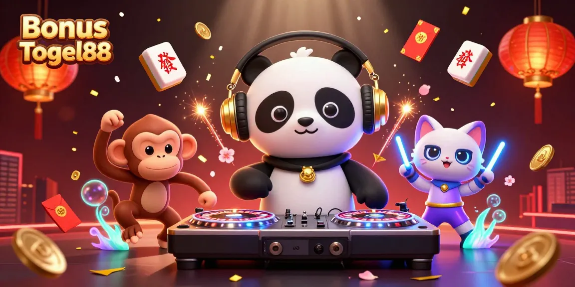 Bonus Togel88 features a lively 3D illustration of a DJ panda and breakdancing monkey in a vibrant casino scene.
