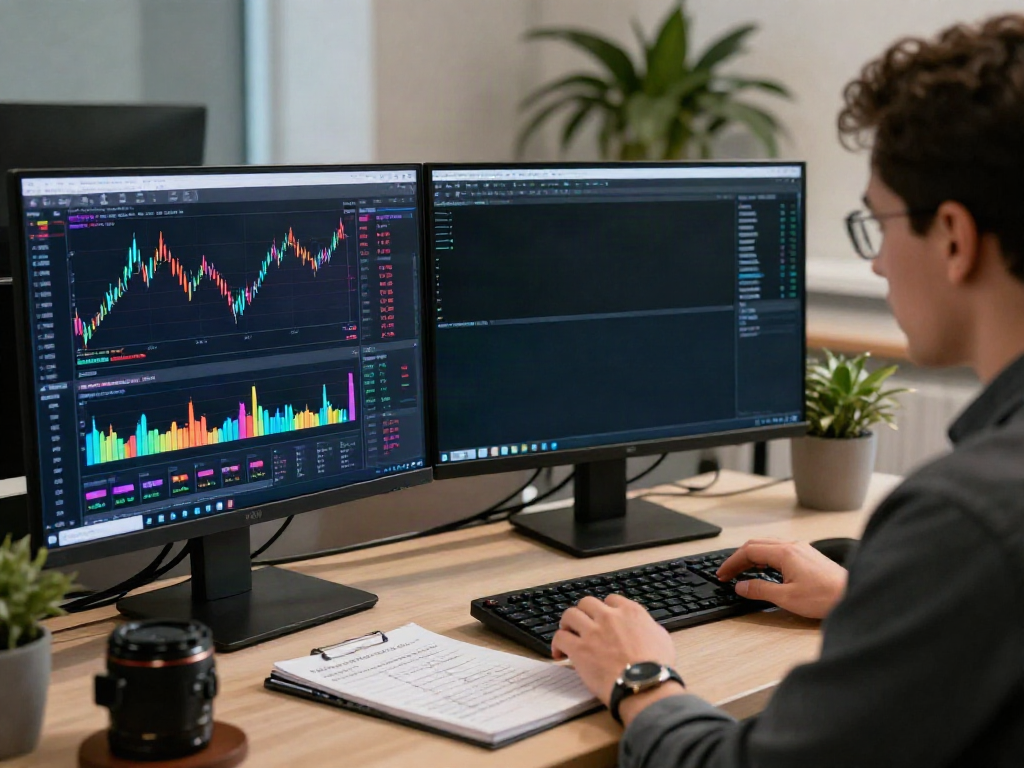 Trader utilizing TradingView analytics tools in a modern workspace with multiple screens.