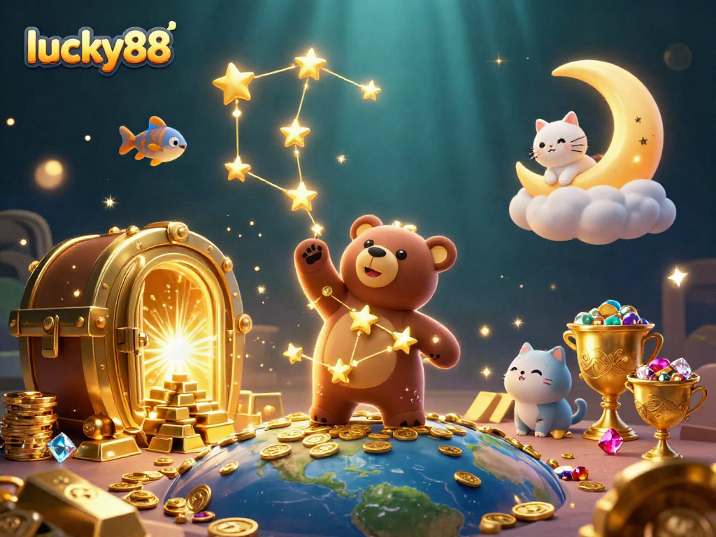 Experience thrilling gameplay with lucky88 in this vibrant 3D illustration showcasing a bear and treasure.