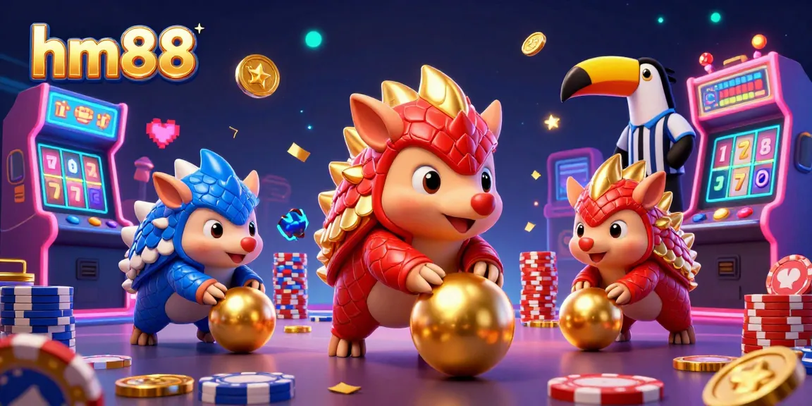 Experience the excitement of hm88 with animated pangolins in a dynamic casino scene full of gaming elements.