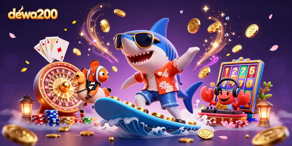 Gambarlu dengan dewa200 saat shark berselancar di tumpukan koin emas dan aksi gemerlap lainnya.