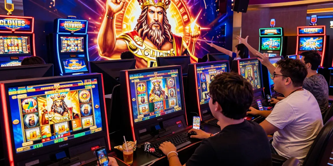 Exciting scene of players enjoying slot raja games with Zeus theme in a vibrant online casino atmosphere.