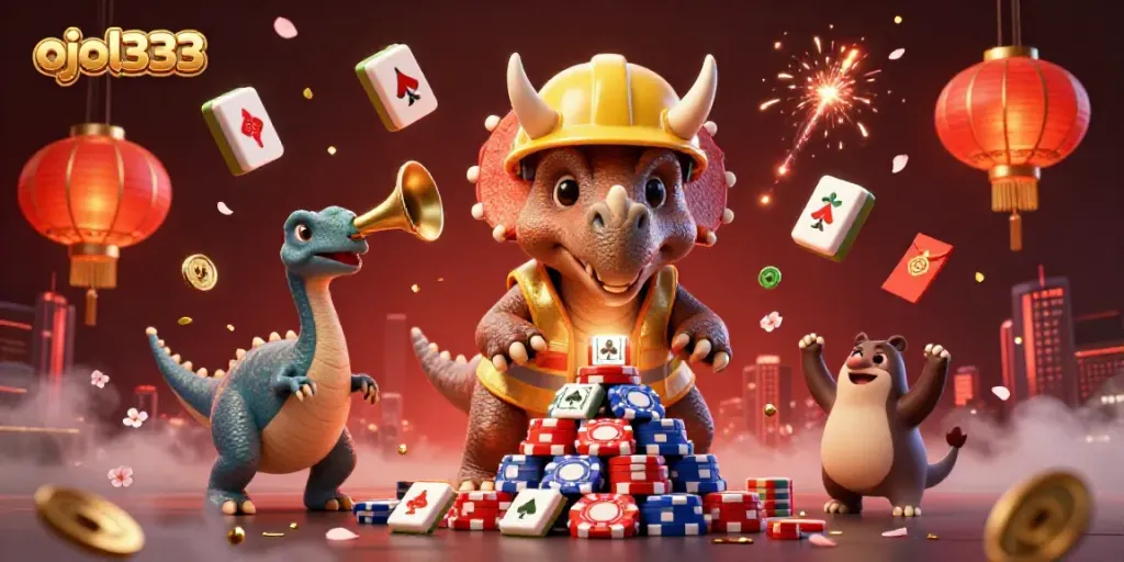 Engage in thrilling gameplay with ojol333 as a triceratops builds poker chips amidst a vibrant celebration.