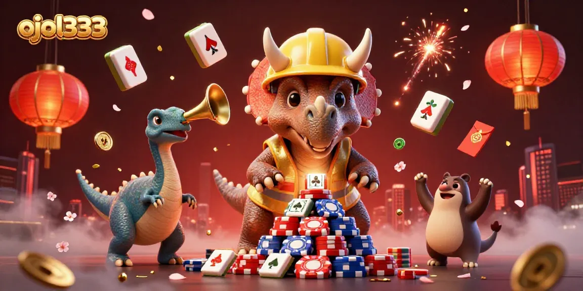 Engage in thrilling gameplay with ojol333 as a triceratops builds poker chips amidst a vibrant celebration.