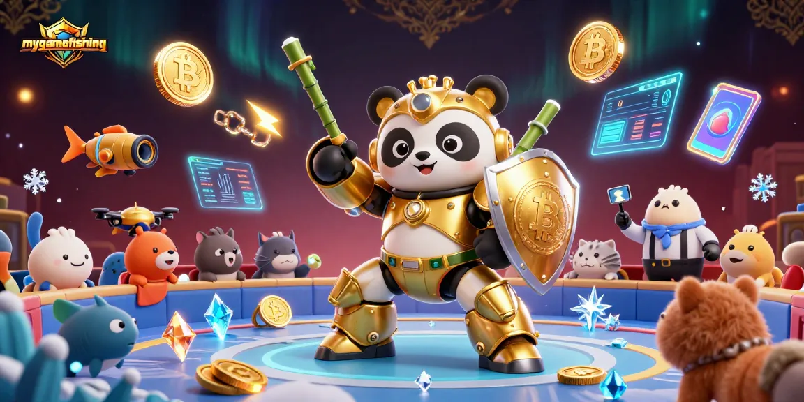 Engage in fast-paced mygamefishing action with a dynamic 3D illustration of a mech-suit panda in a vibrant fishing game.