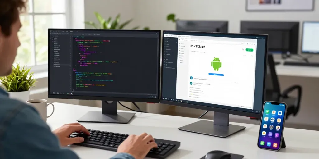 Developer coding in modern workspace with focus on vetted Android apps from h5.2113.net