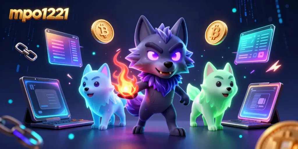 Play with mpo1221 in an exciting virtual casino featuring glowing wolf characters and digital currencies.