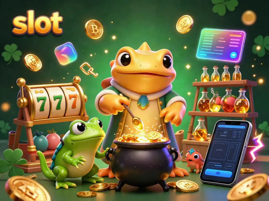 Slot yang menampilkan alkemis salamander raksasa dan simbol keberuntungan dengan koin emas.