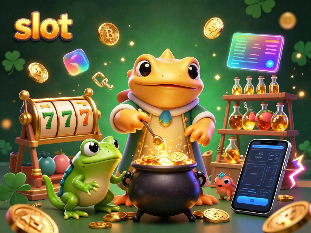 Slot yang menampilkan alkemis salamander raksasa dan simbol keberuntungan dengan koin emas.