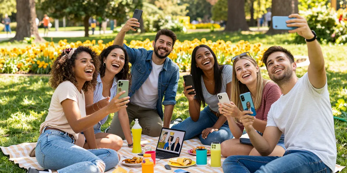 Group of friends testing attractiveness outdoors while having fun in a park.