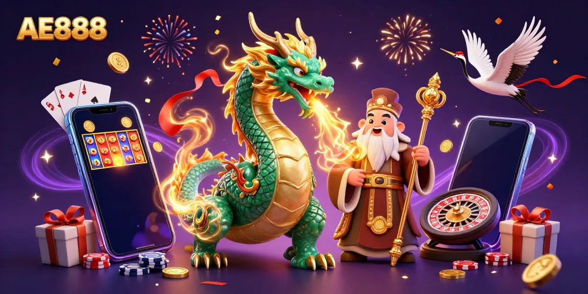 Experience the AE888 gaming fantasy with a jade dragon, turtle sage, and lucky cranes amidst a casino scene.