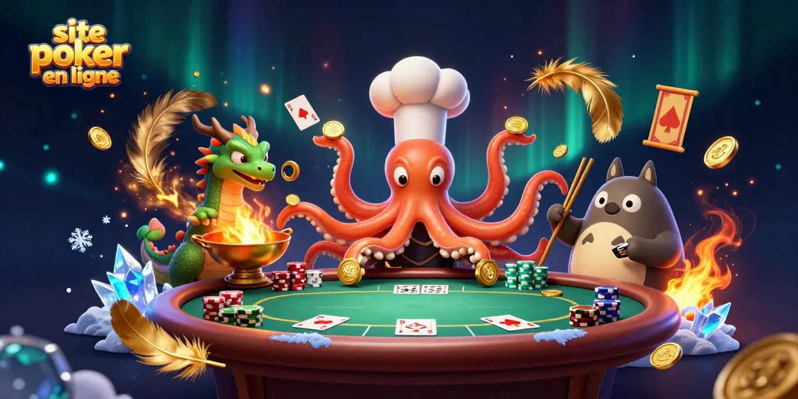 Jouer au poker en ligne sur un site de poker en ligne avec une table animée et des personnages colorés.