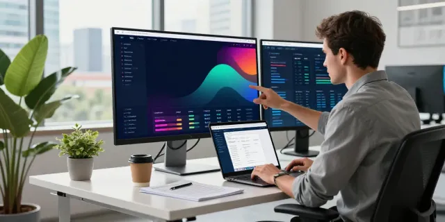 Workspace showing SEO expert analyzing instant indexing metrics on a large screen in a modern office.