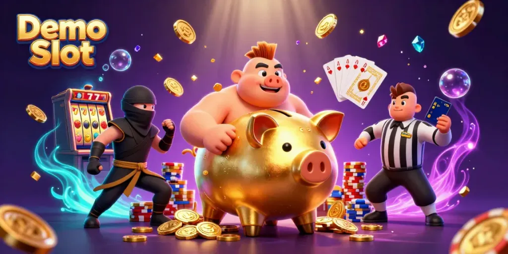 Spin the Demo Slot with fun characters and vibrant casino elements all around!