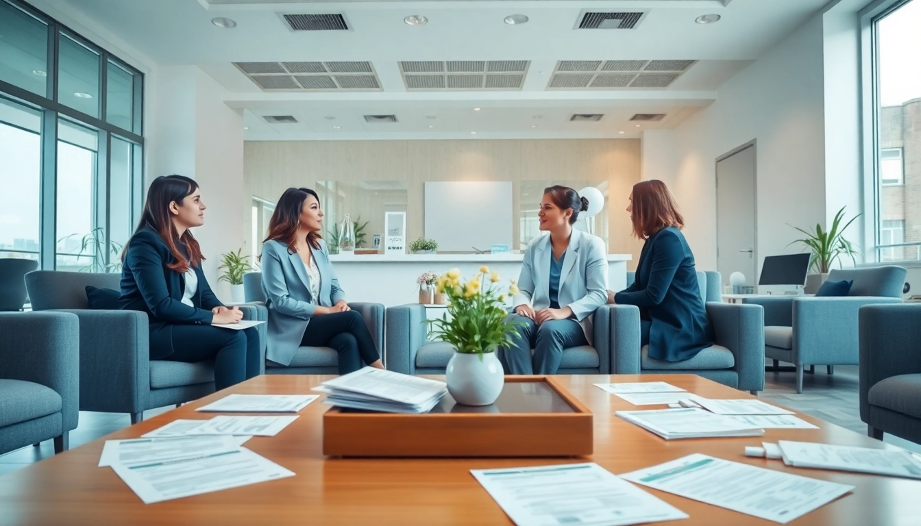 Engaging scene of Title Insurance Services team assisting clients in a professional office setting.