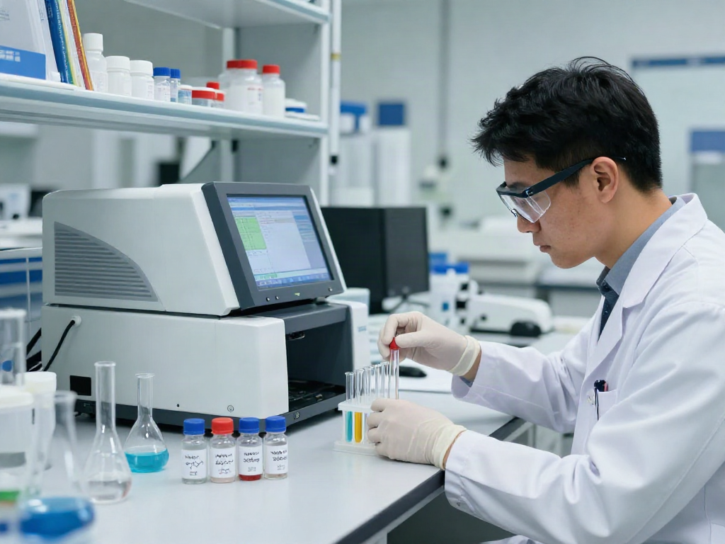 NAD+ peptide laboratory analysis with a scientist studying vials and HPLC results.