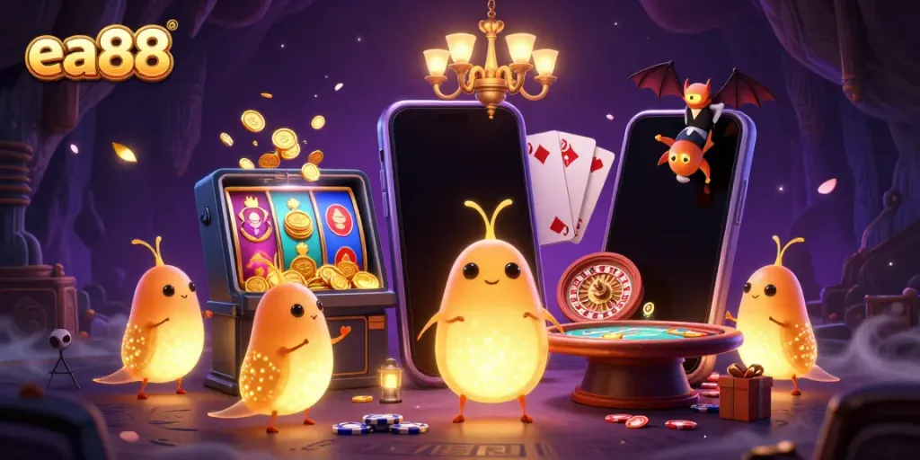 Glowworms và dealer dơi tại casino ea88, đầy ánh sáng và chi tiết trò chơi.