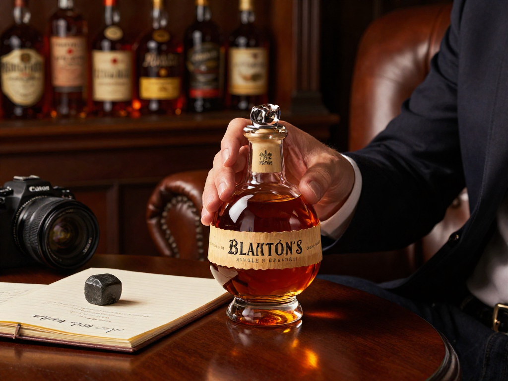 Enjoying Blanton's Single Barrel Bourbon in a cozy home bar setting with warm lighting and tasting notes.
