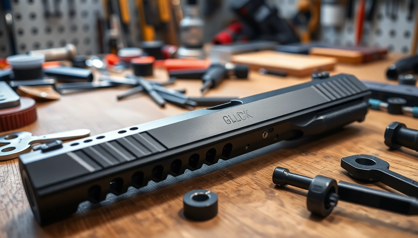 Highlighting a detailed glock slide with custom tools in a workshop setup for gun enthusiasts.