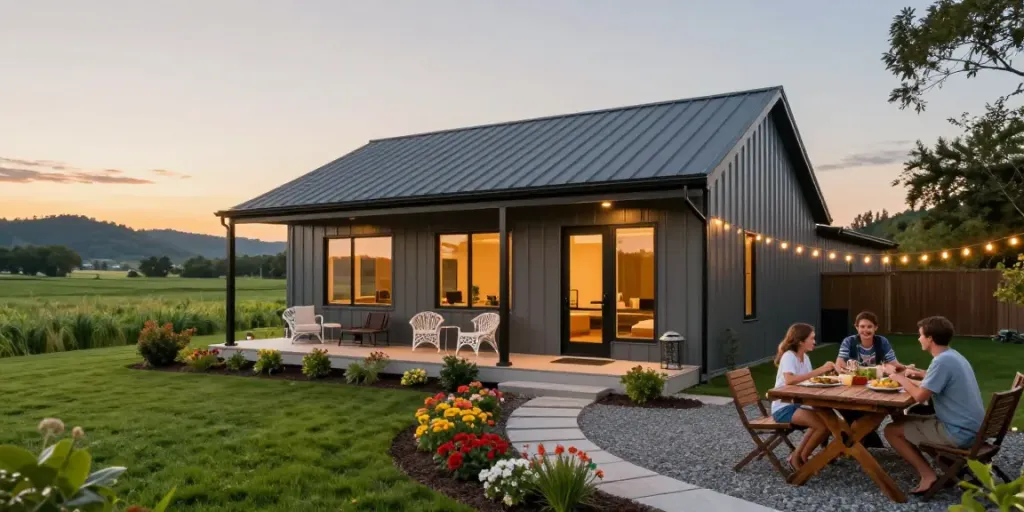 BM2500 barndominium showcasing modern design in serene countryside setting during sunset
