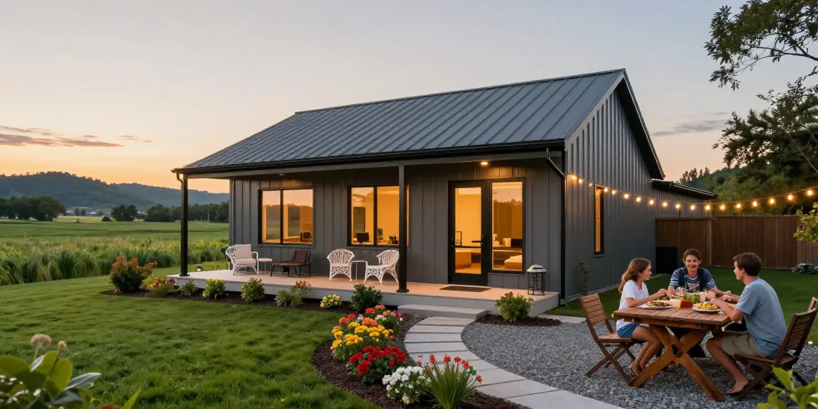 BM2500 barndominium showcasing modern design in serene countryside setting during sunset