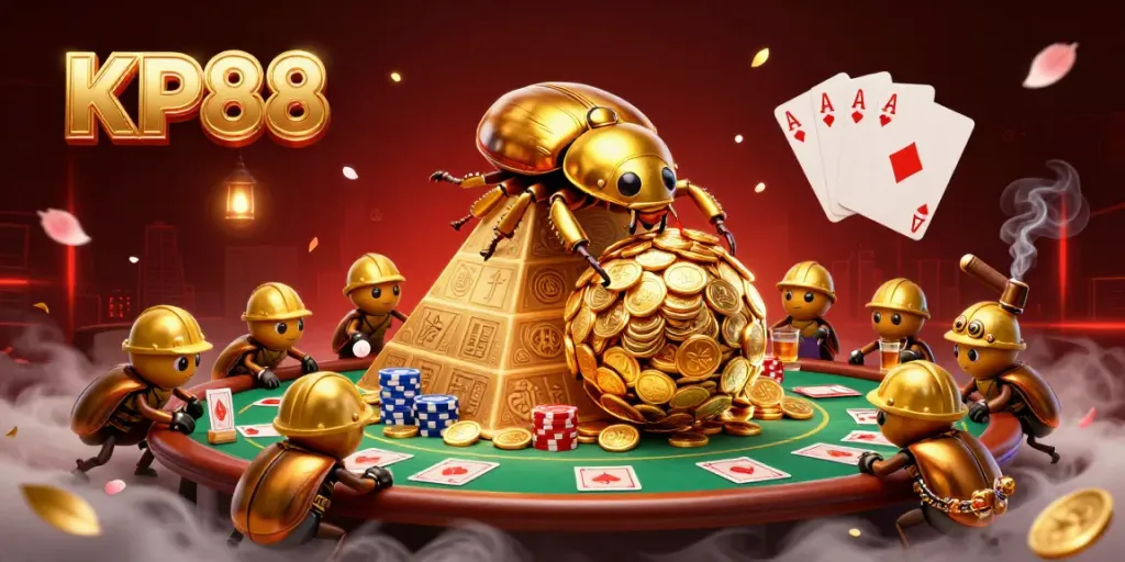 KP88 showcases a vibrant scene with a golden beetle rolling coins in a casino-themed pyramid, rich in detail.