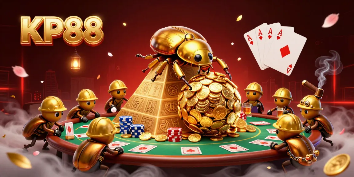 KP88 showcases a vibrant scene with a golden beetle rolling coins in a casino-themed pyramid, rich in detail.