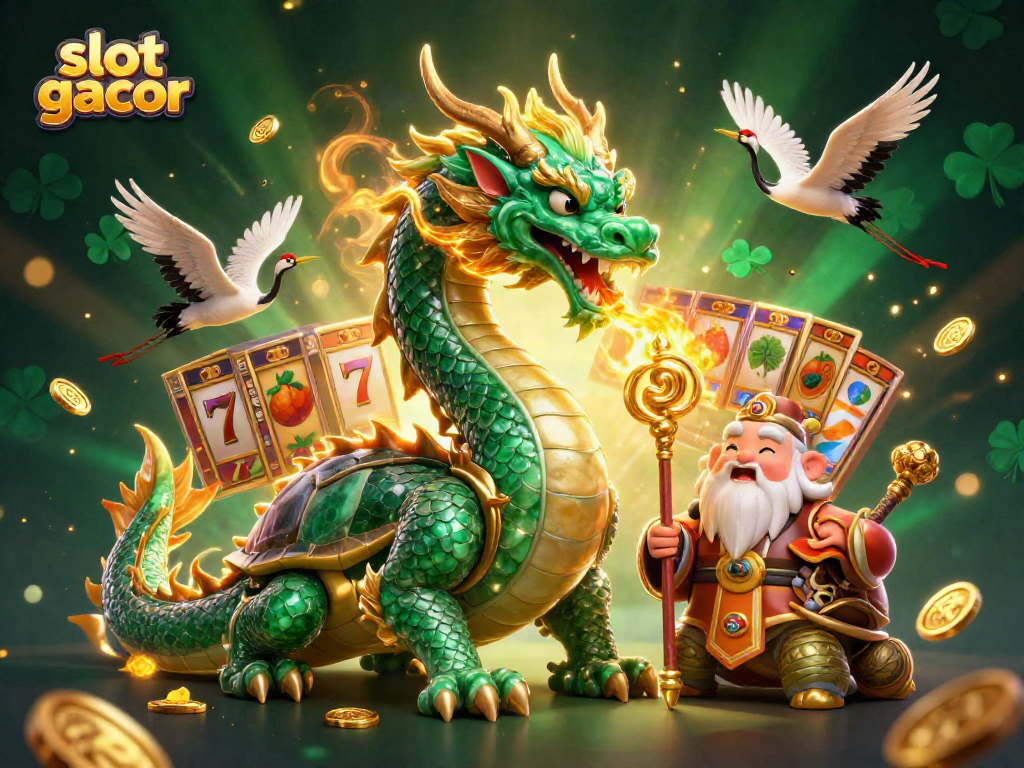 Menggambarkan slot gacor dengan naga giok bernapas api emas dikelilingi simbol slot