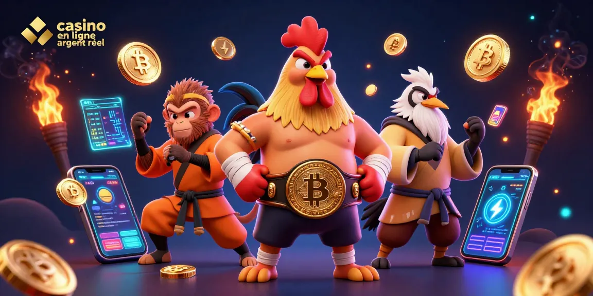 Plongez dans le monde du casino en ligne argent réel avec un combat dynamique entre un coq thaï et un singe Shaolin.