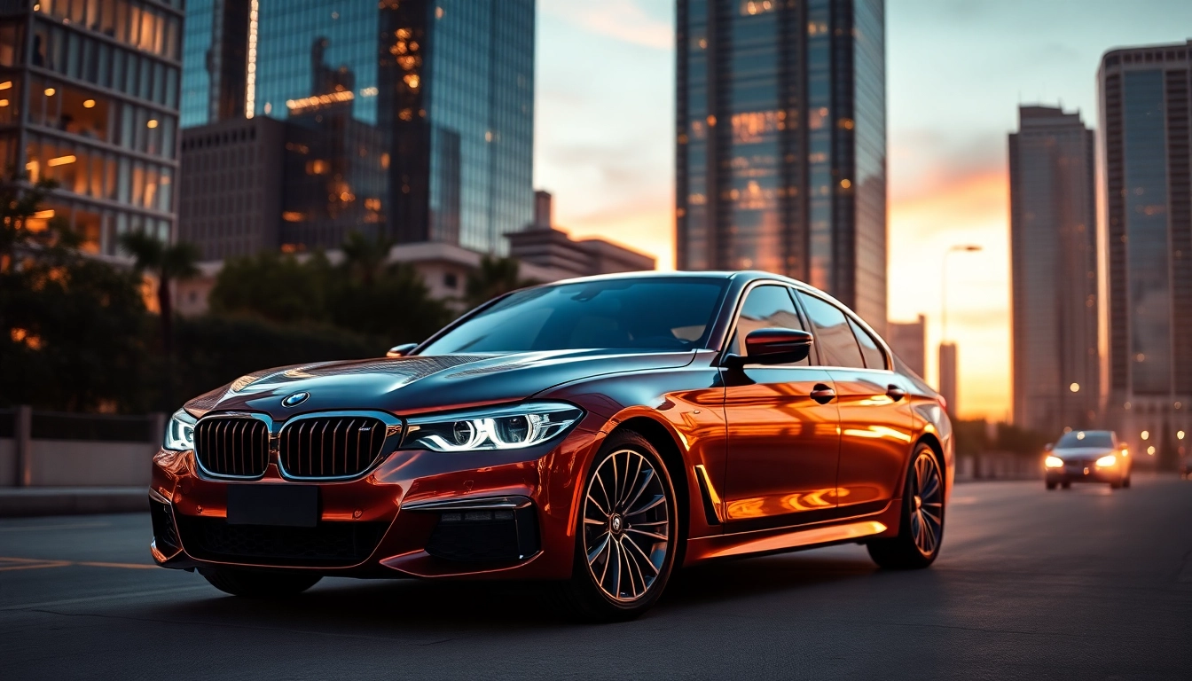 Admiring a Luxury BMW car showcasing elegance and sophistication against a city skyline.
