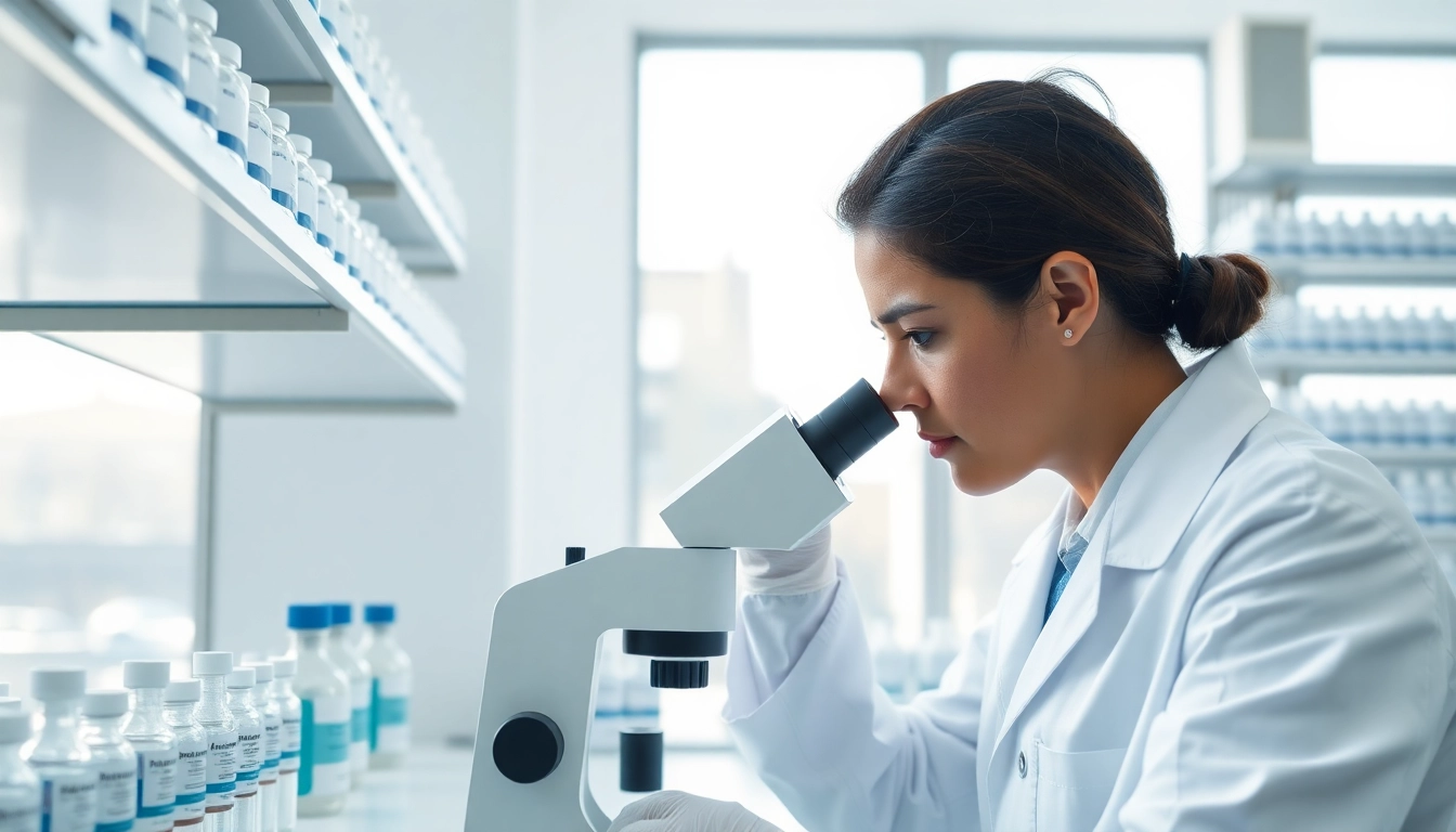 Klow 80mg analysis in a laboratory setting showcasing a researcher examining peptide samples.