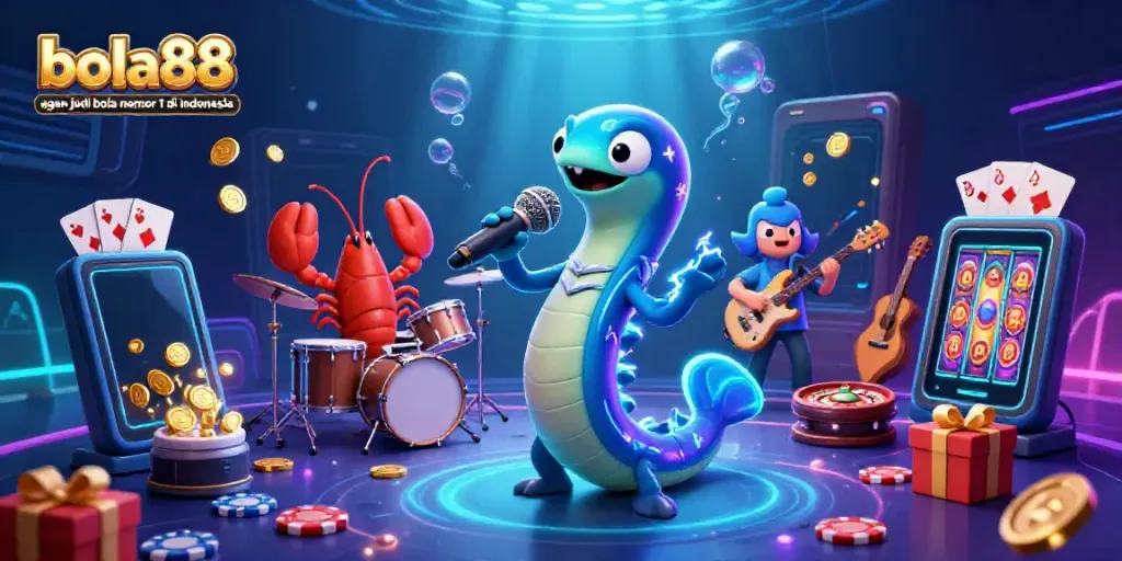Experience the vibrant underwater scene with bola88 agen judi bola nomor 1 di indonesia showcased by a DJing electric eel and musical sea creatures.