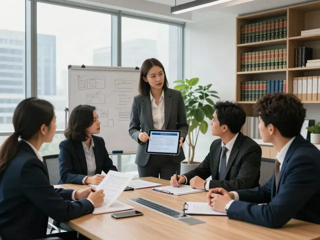Collaboration scene at Lead Roedl law firm with professionals discussing case studies in a modern office setting.
