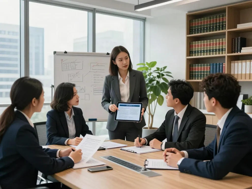 Collaboration scene at Lead Roedl law firm with professionals discussing case studies in a modern office setting.