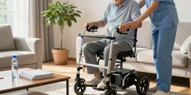 Senior user demonstrating bro200 rollator in cozy living room setting with caregiver.
