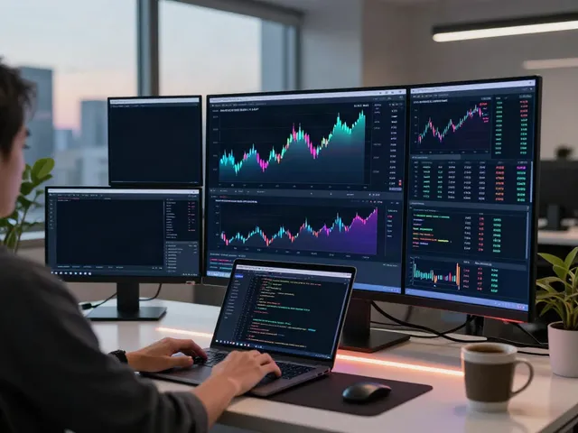 Real-time trading setup displaying 日本株 株価 API data and blockchain analytics in a professional office environment.
