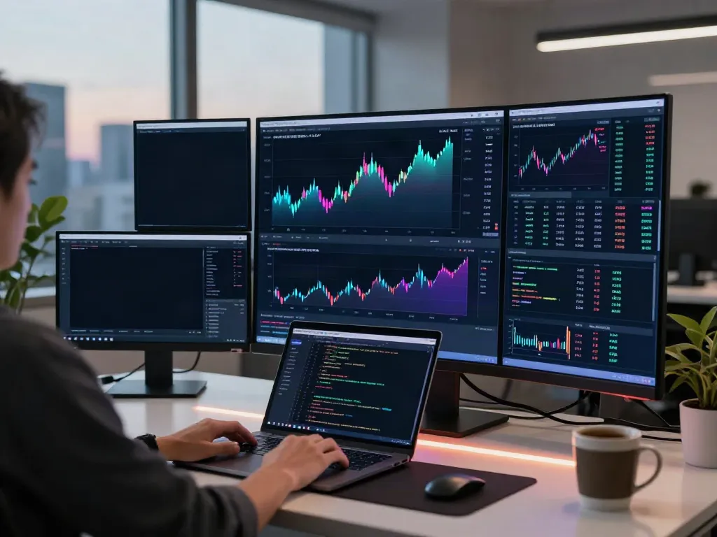 Real-time trading setup displaying 日本株 株価 API data and blockchain analytics in a professional office environment.