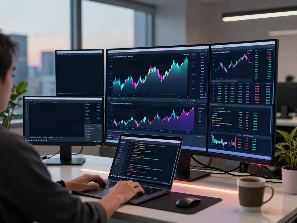 Real-time trading setup displaying 日本株 株価 API data and blockchain analytics in a professional office environment.
